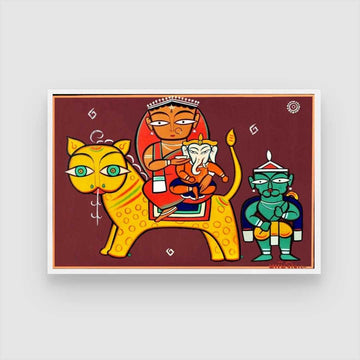 Durga Ganesha Painting for Living Room – Jamini Roy Style Spiritual Wall Art | MeriDeewar 3 : 2 Horizontal Premium Wall Art Canvas by MeriDeewar