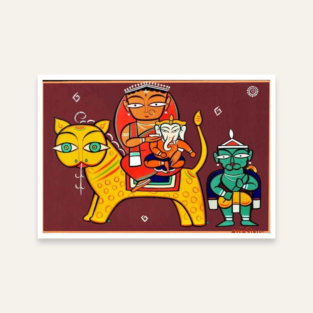 Durga Ganesha Painting for Living Room – Jamini Roy Style Spiritual Wall Art | MeriDeewar 3 : 2 Horizontal Premium Wall Art Canvas by MeriDeewar