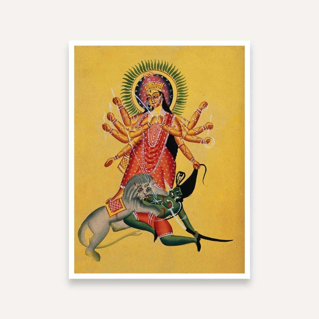 Durga Maa Painting for Pooja Room & Living Room | Kalighat Style Spiritual Wall Art 3 : 4 Vertical Premium Wall Art Canvas by MeriDeewar