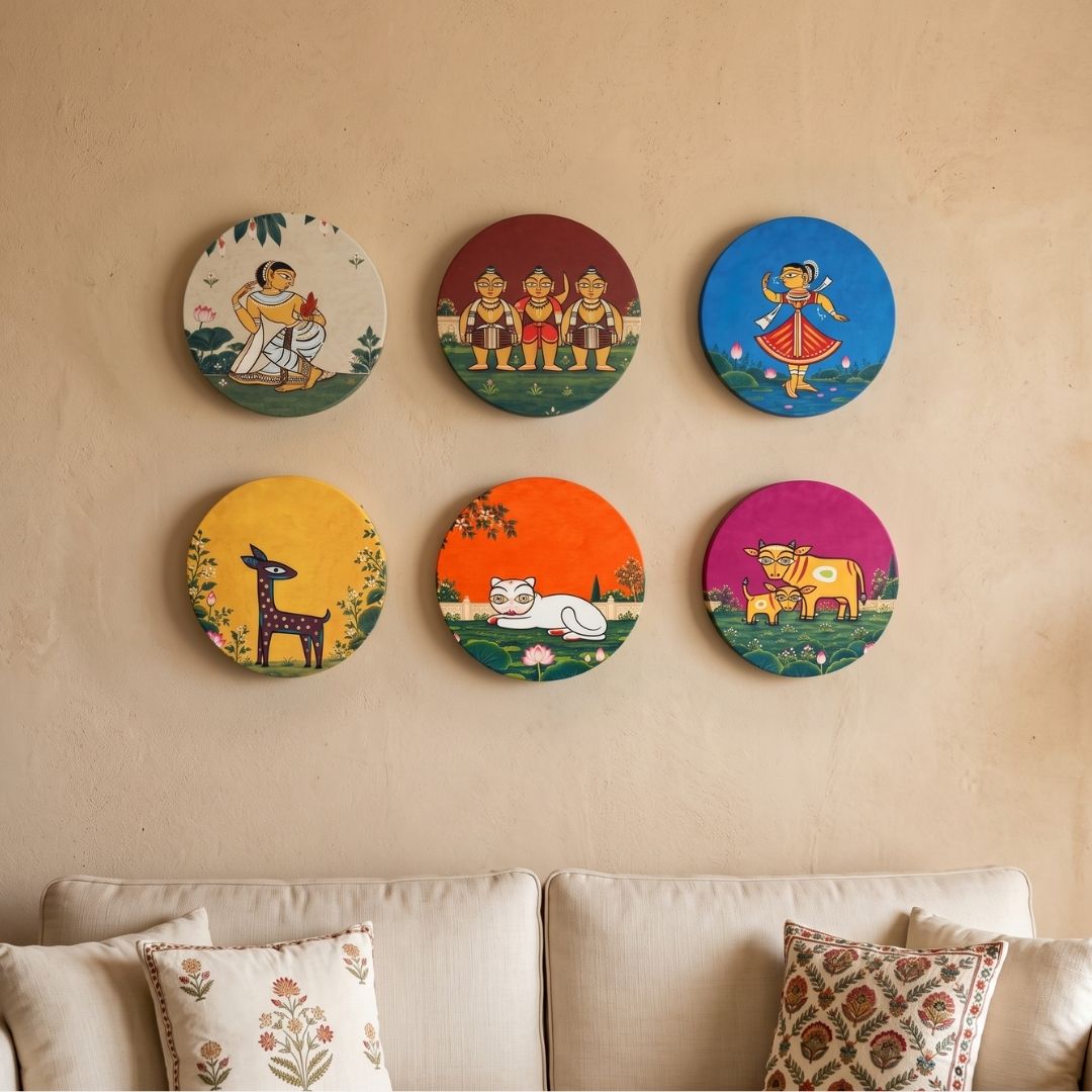 Echoes of Bengal | Indian Folk Art Set of 6 Round Canvas Curate Premium Wall Art Canvas by MeriDeewar