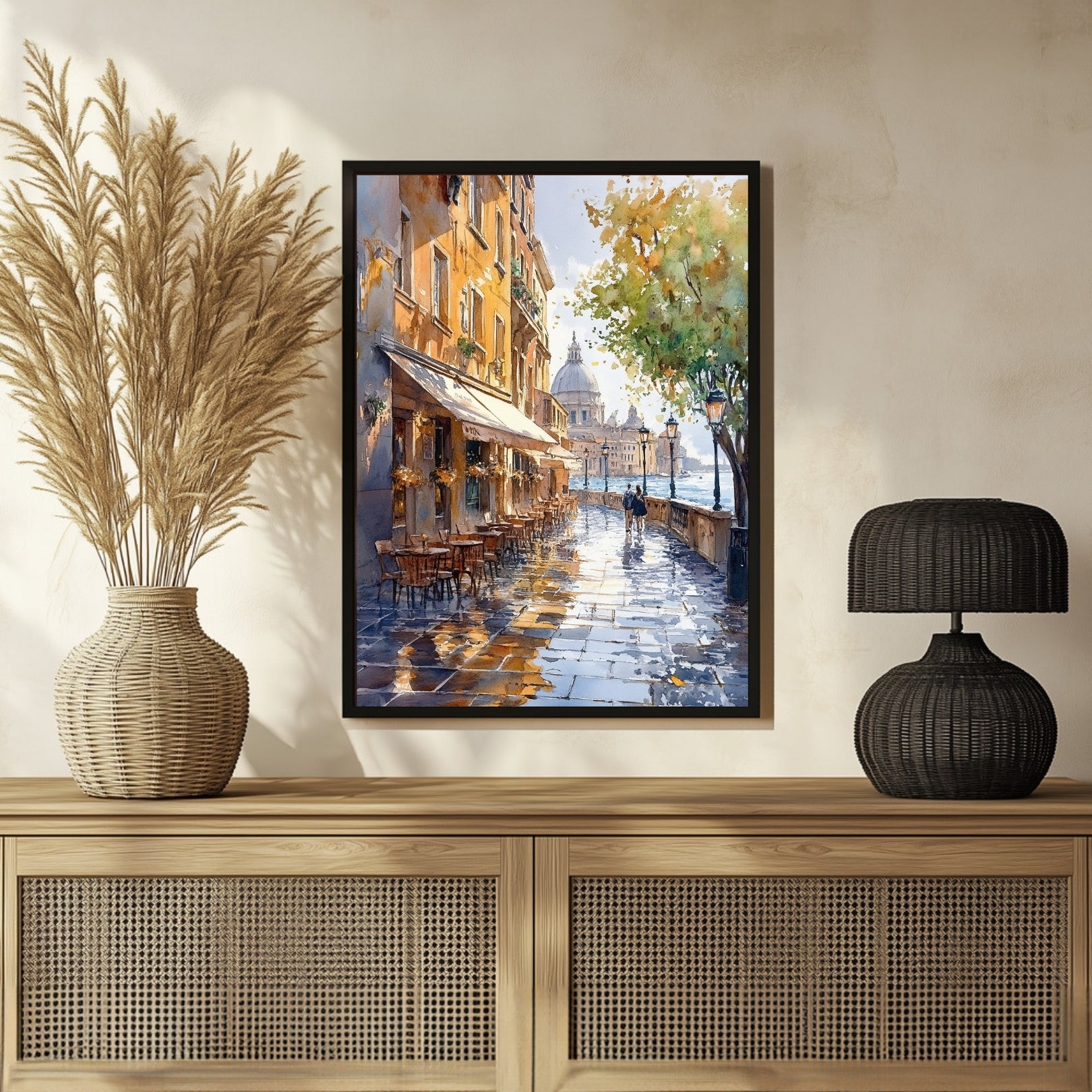 Elegant Street View: Watercolor Painting of Tables & Chairs 3 : 4 Vertical New Premium Wall Art Canvas by MeriDeewar