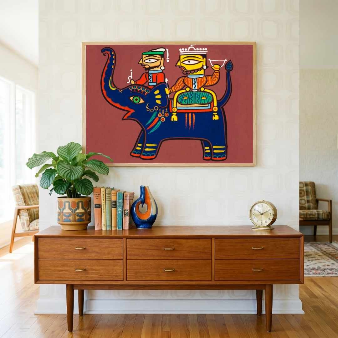 "Elephant Riders" Jamini Roy Painting | Fine Art Wall Art 3 : 2 Horizontal Premium Wall Art Canvas by MeriDeewar