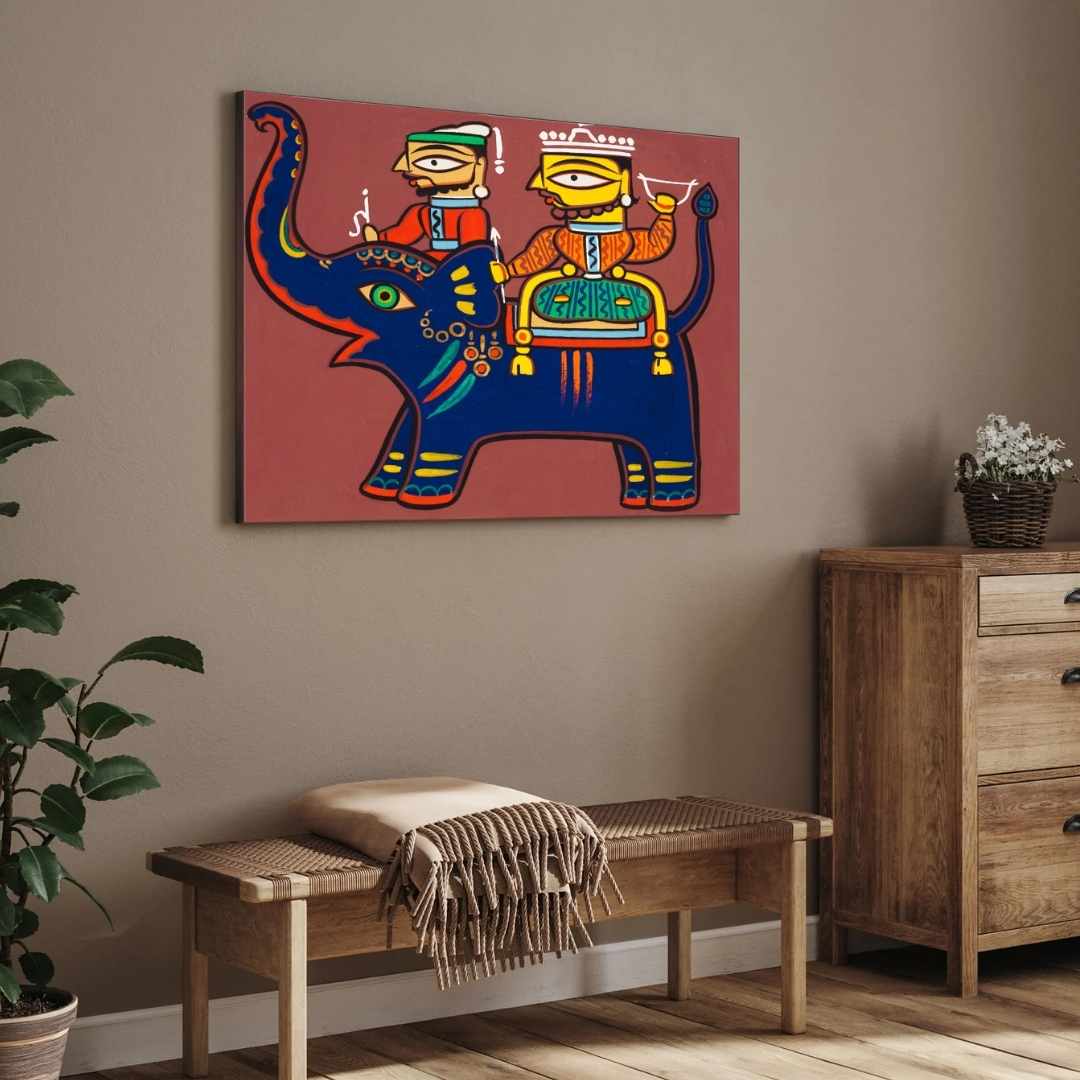 "Elephant Riders" Jamini Roy Painting | Fine Art Wall Art 3 : 2 Horizontal Premium Wall Art Canvas by MeriDeewar