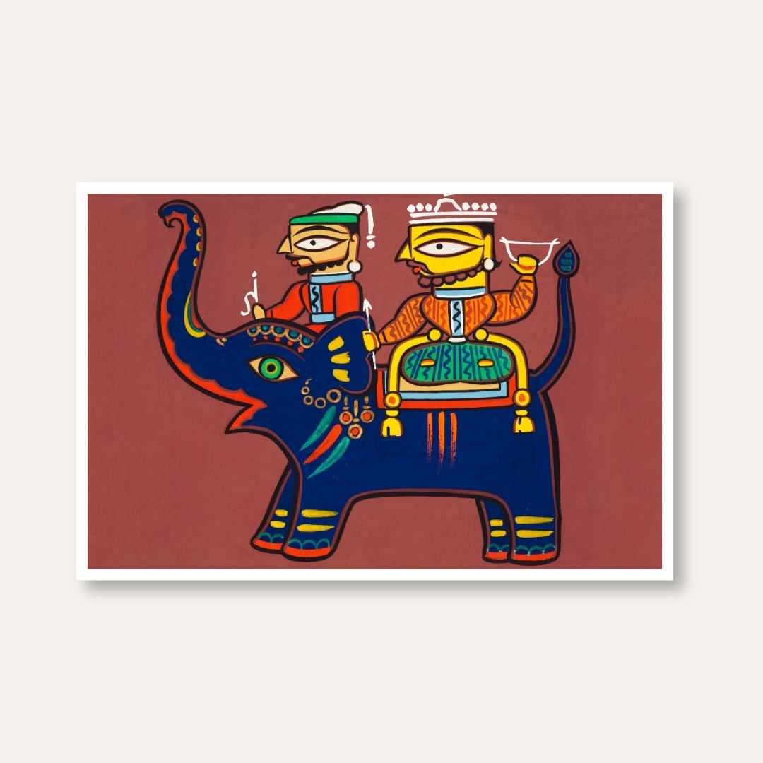 "Elephant Riders" Jamini Roy Painting | Fine Art Wall Art 3 : 2 Horizontal Premium Wall Art Canvas by MeriDeewar