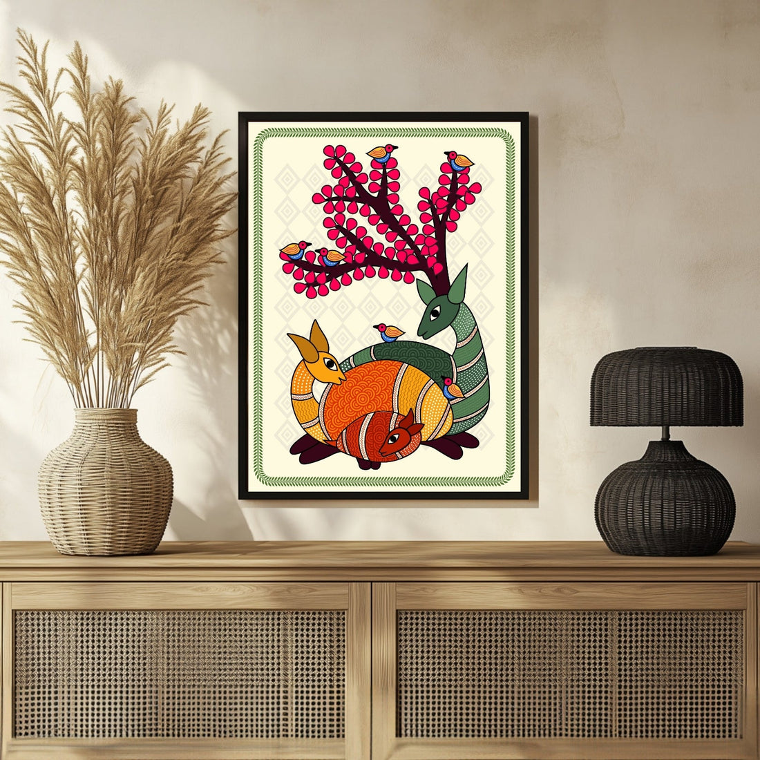 Enchanting Stag: Traditional Madhubani Art Painting - MeriDeewar 3 : 4 Vertical New Premium Wall Art Canvas by MeriDeewar