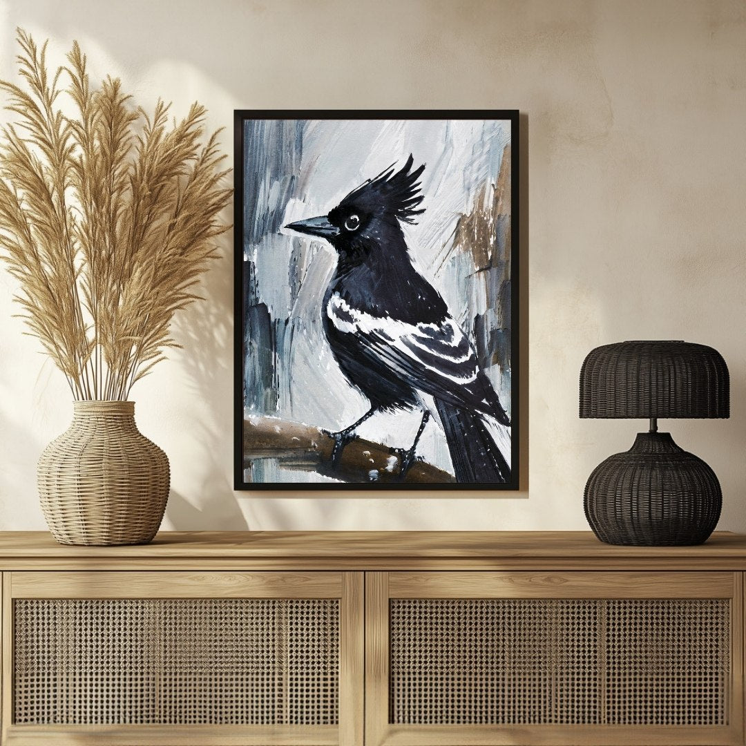 Expressive Black Jay Bird Abstract Painting - Enhance Your Walls 3 : 4 Vertical New Premium Wall Art Canvas by MeriDeewar