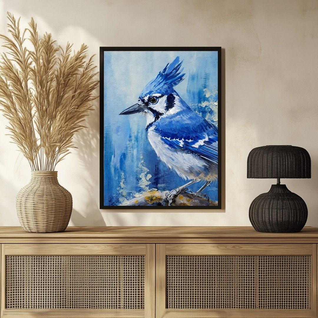 Expressive Jay Bird Abstract Painting: Add Color to Your Walls 3 : 4 Vertical New Premium Wall Art Canvas by MeriDeewar