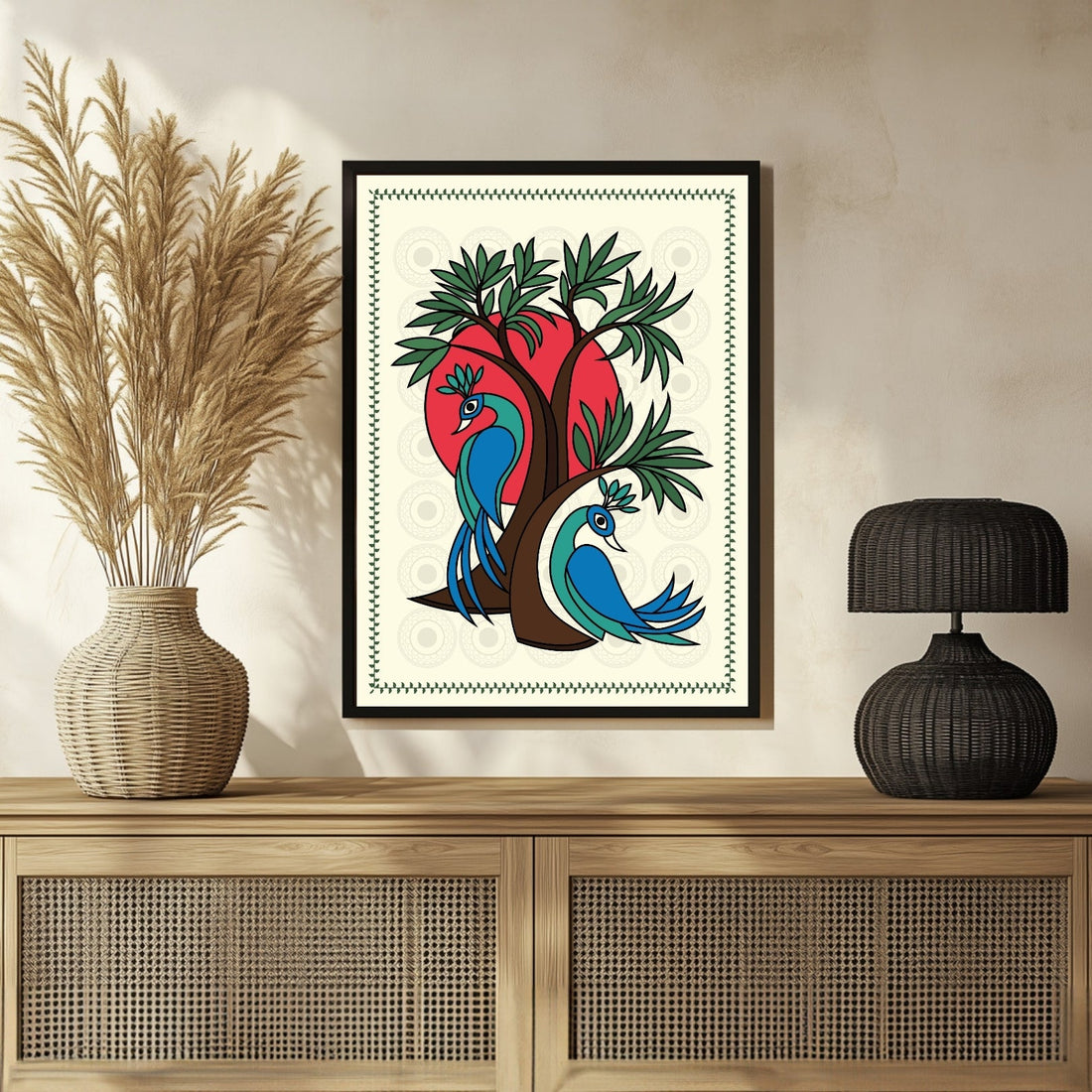 Exquisite Indian Gond Art: Peacock & Tree Painting - MeriDeewar 3 : 4 Vertical New Premium Wall Art Canvas by MeriDeewar