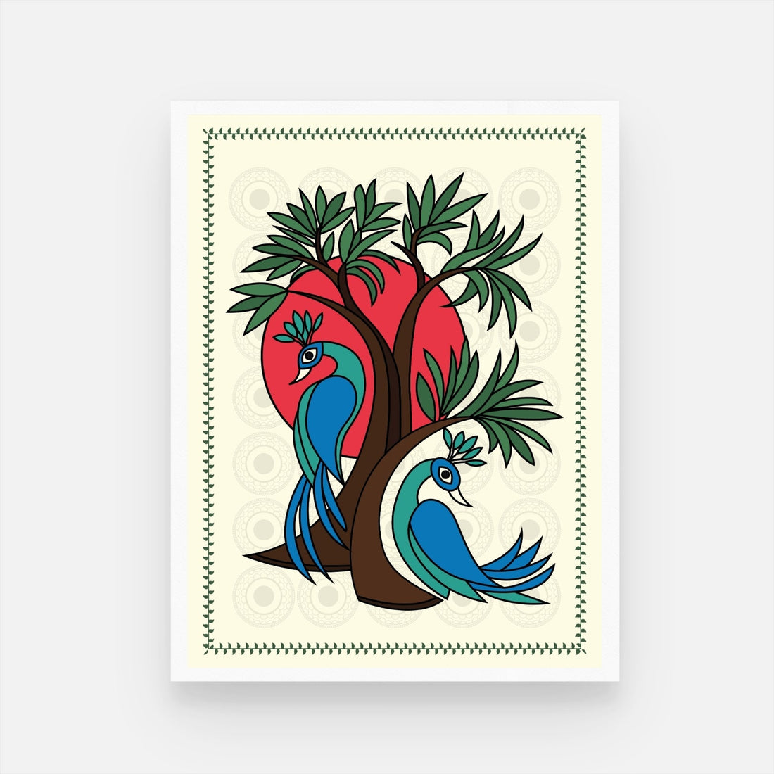 Exquisite Indian Gond Art: Peacock & Tree Painting - MeriDeewar 3 : 4 Vertical New Premium Wall Art Canvas by MeriDeewar