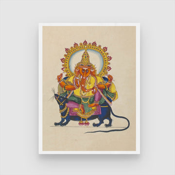 Exquisite Lord Ganesha Mooshak Miniature Painting | Indian Art | MeriDeewar 3 : 4 Vertical New Premium Wall Art Canvas by MeriDeewar