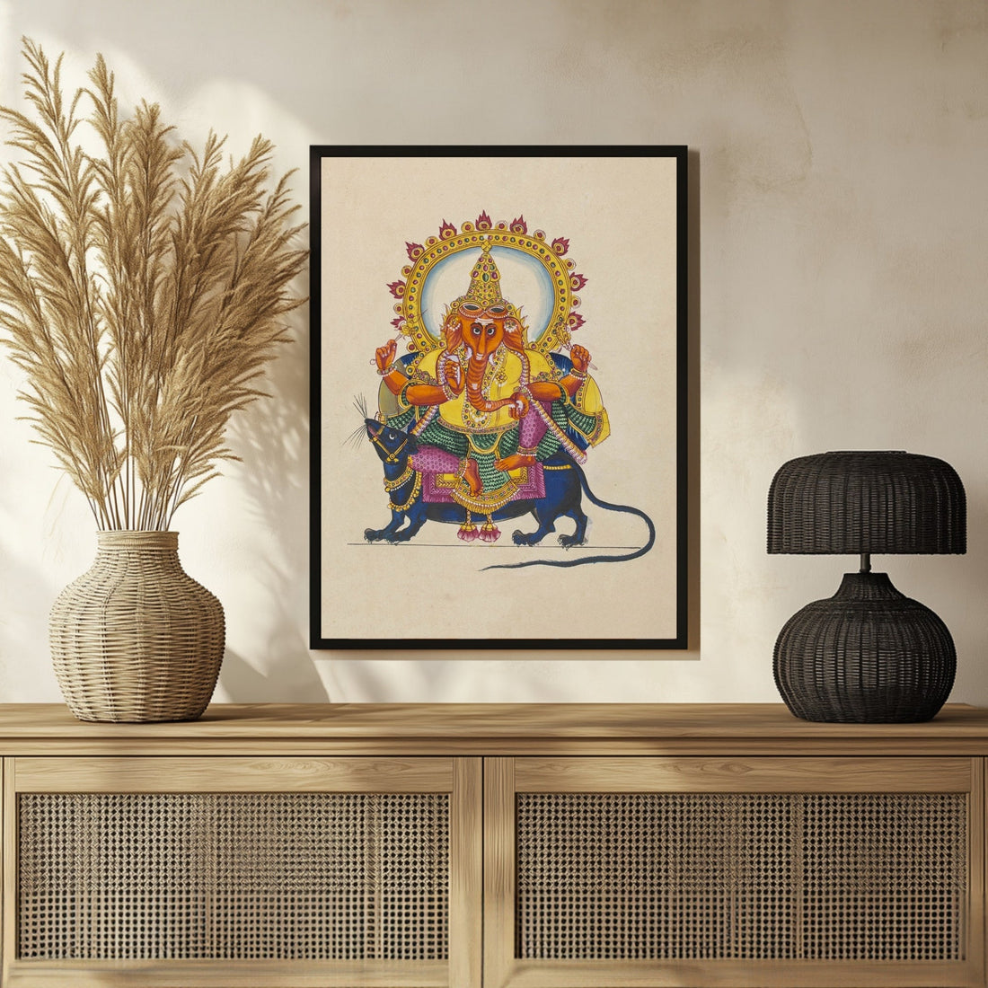 Exquisite Lord Ganesha Mooshak Miniature Painting | Indian Art | MeriDeewar 3 : 4 Vertical New Premium Wall Art Canvas by MeriDeewar
