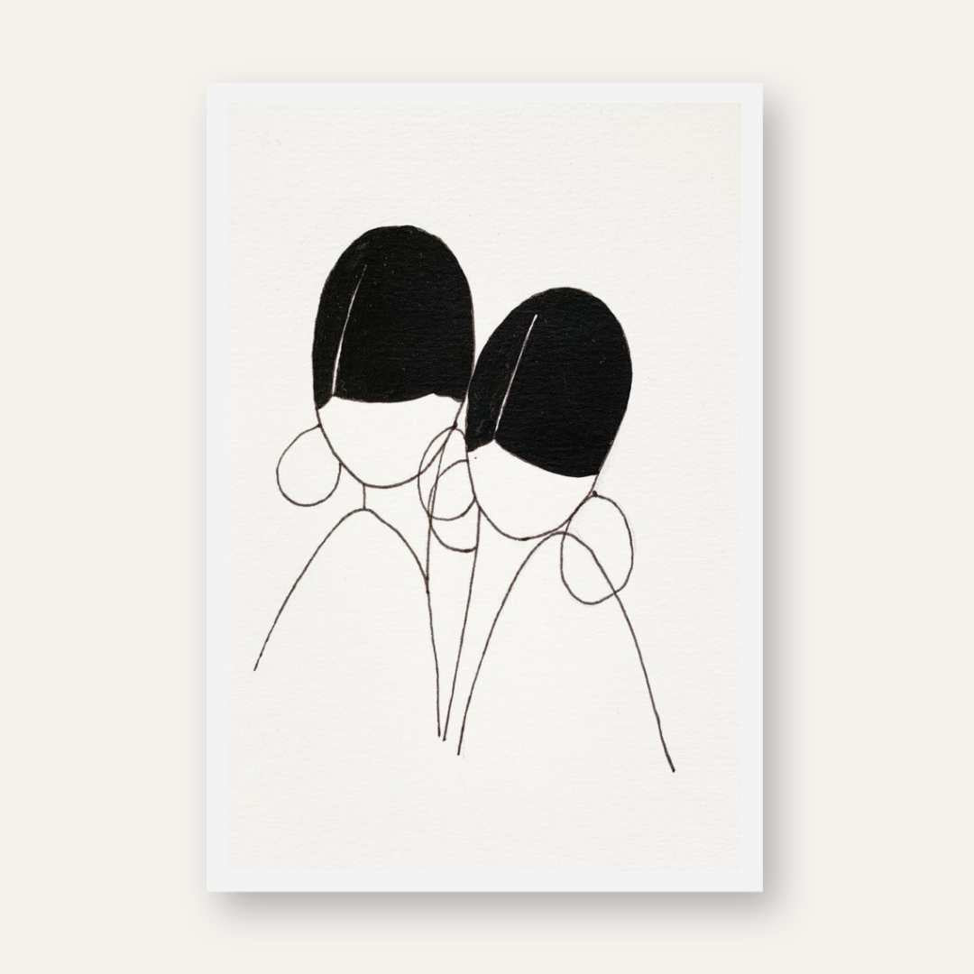 Minimalist Abstract Twin Figures Line Art Poster | Vertical Contemporary Boho White Framed Wall Art