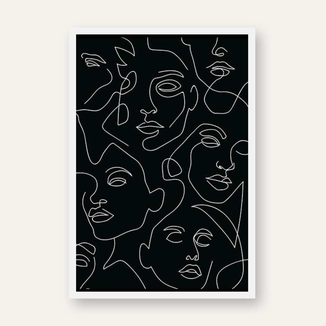 Continuous Line Faces Poster | Vertical Contemporary Boho White Framed Wall Art