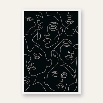 Continuous Line Faces Poster | Vertical Contemporary Boho White Framed Wall Art