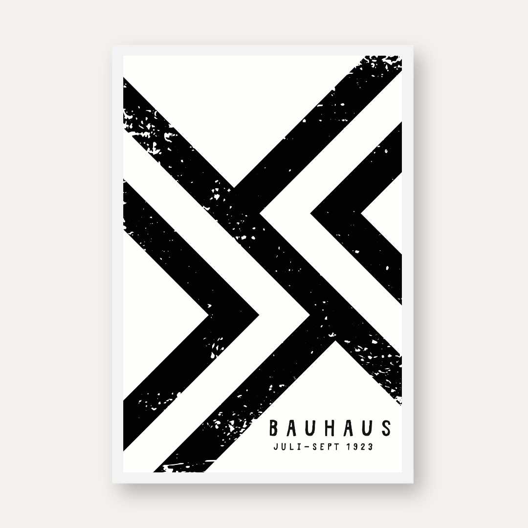 Bauhaus "Juli-Sept 1923" Distressed Geometric Chevron Poster | Vertical High-Contrast White Framed Wall Art