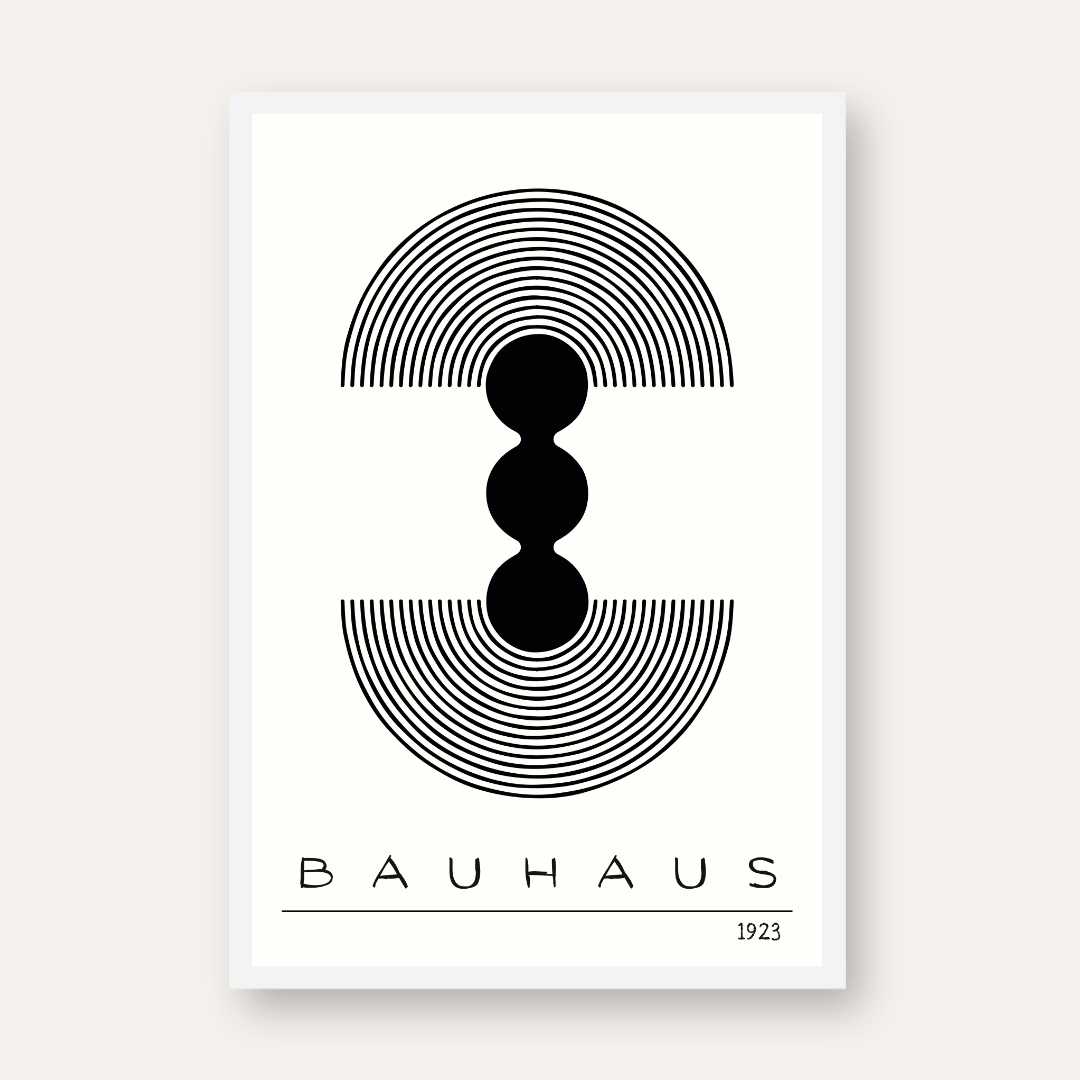 Bauhaus "1923" Geometric Concentric Arches & Totem Pods Poster | Vertical High-Contrast White Framed Wall Art