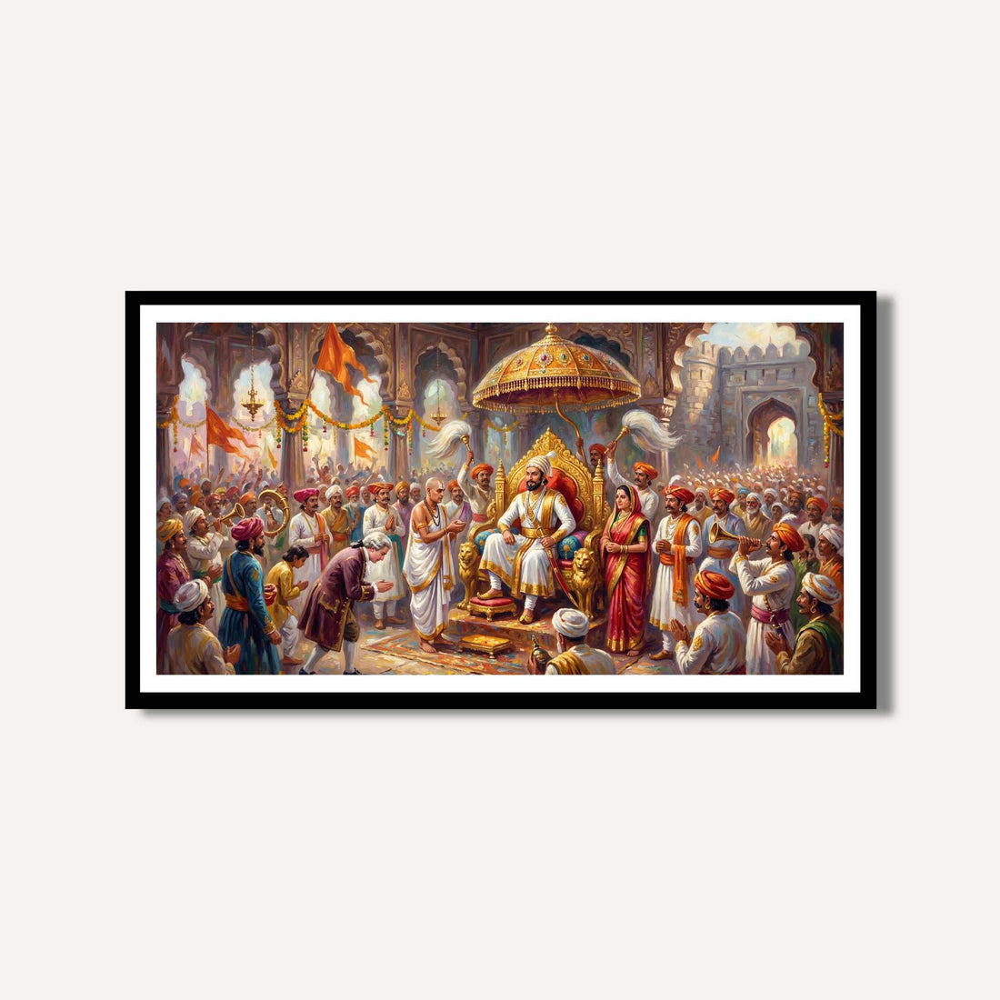 Grand Coronation of Chhatrapati Shivaji Maharaj Oil Painting | Horizontal Black Framed Wall Art 2 : 1 Horizontal Premium Wall Art Canvas by MeriDeewar