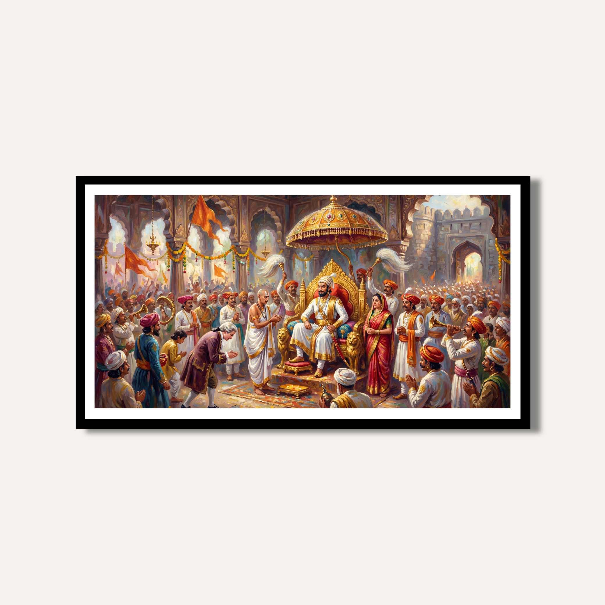 Grand Coronation of Chhatrapati Shivaji Maharaj Oil Painting | Horizontal Black Framed Wall Art 2 : 1 Horizontal Premium Wall Art Canvas by MeriDeewar