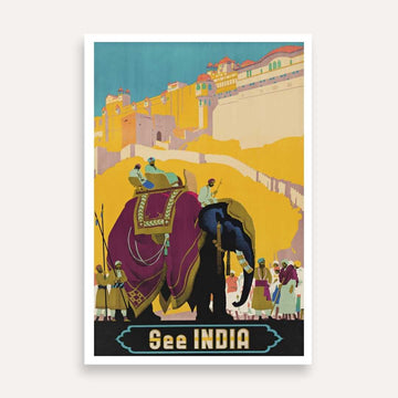 Rajasthani Elephant Painting for Living Room – Amber Fort Vintage Wall Art | Giclée Print 2 : 3 Vertical Premium Wall Art Canvas by MeriDeewar