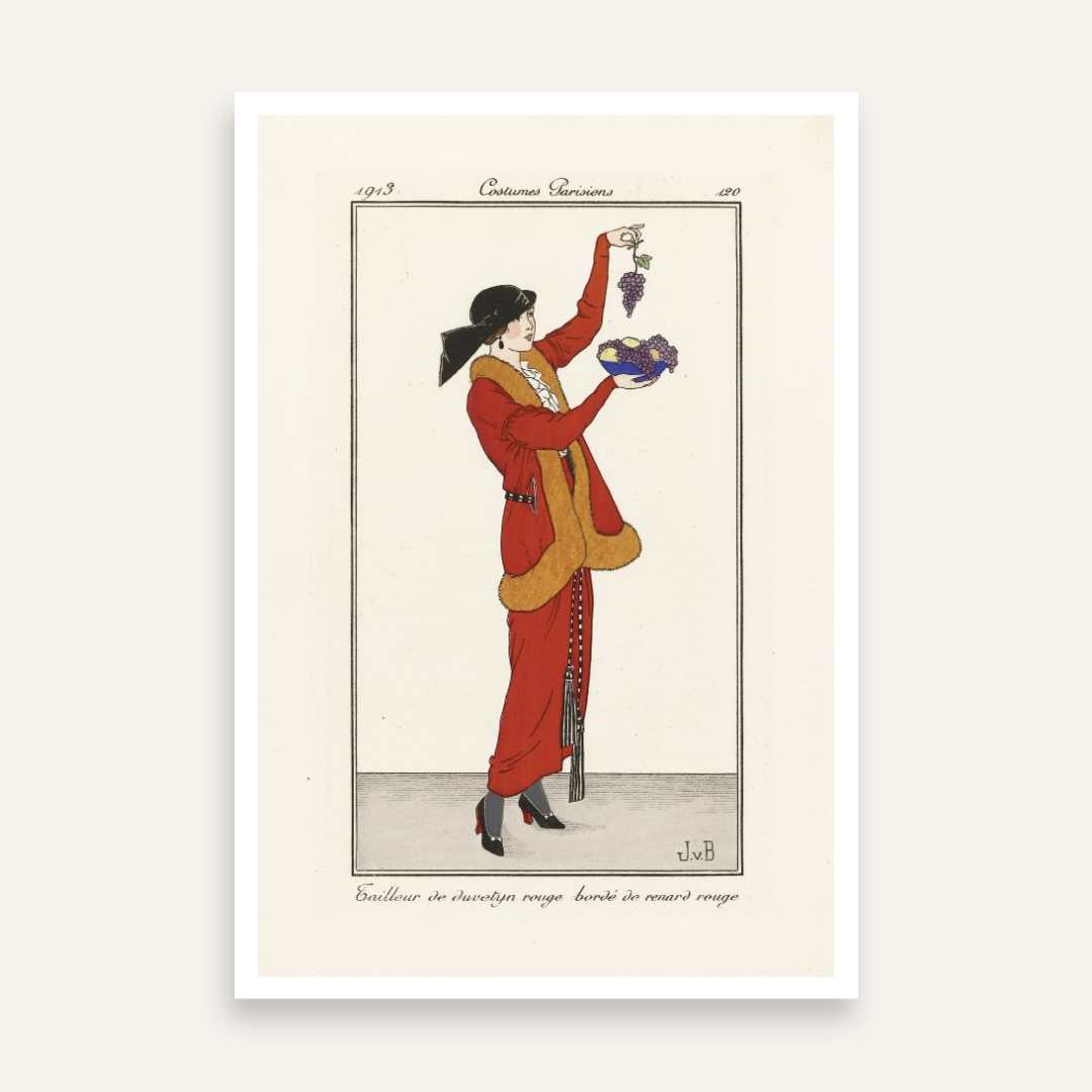 Vintage Journal des Dames et des Modes "Costumes Parisiens" 1913 Fashion Illustration Poster | Vertical Retro White Framed Wall Art 2 : 3 Vertical Premium Wall Art Canvas by MeriDeewar