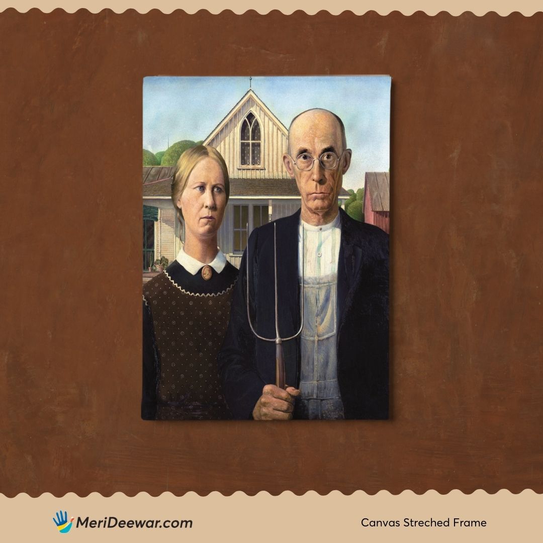 Farmer Couple/ American Gothic by Grant Wood Painting 3 : 4 Vertical New Premium Wall Art Canvas by MeriDeewar