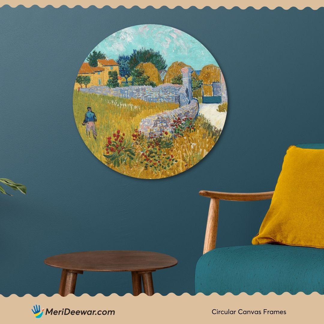Farmhouse in Provence Painting Circular Canvas Frame Circular Canvas Frame Premium Wall Art Canvas by MeriDeewar