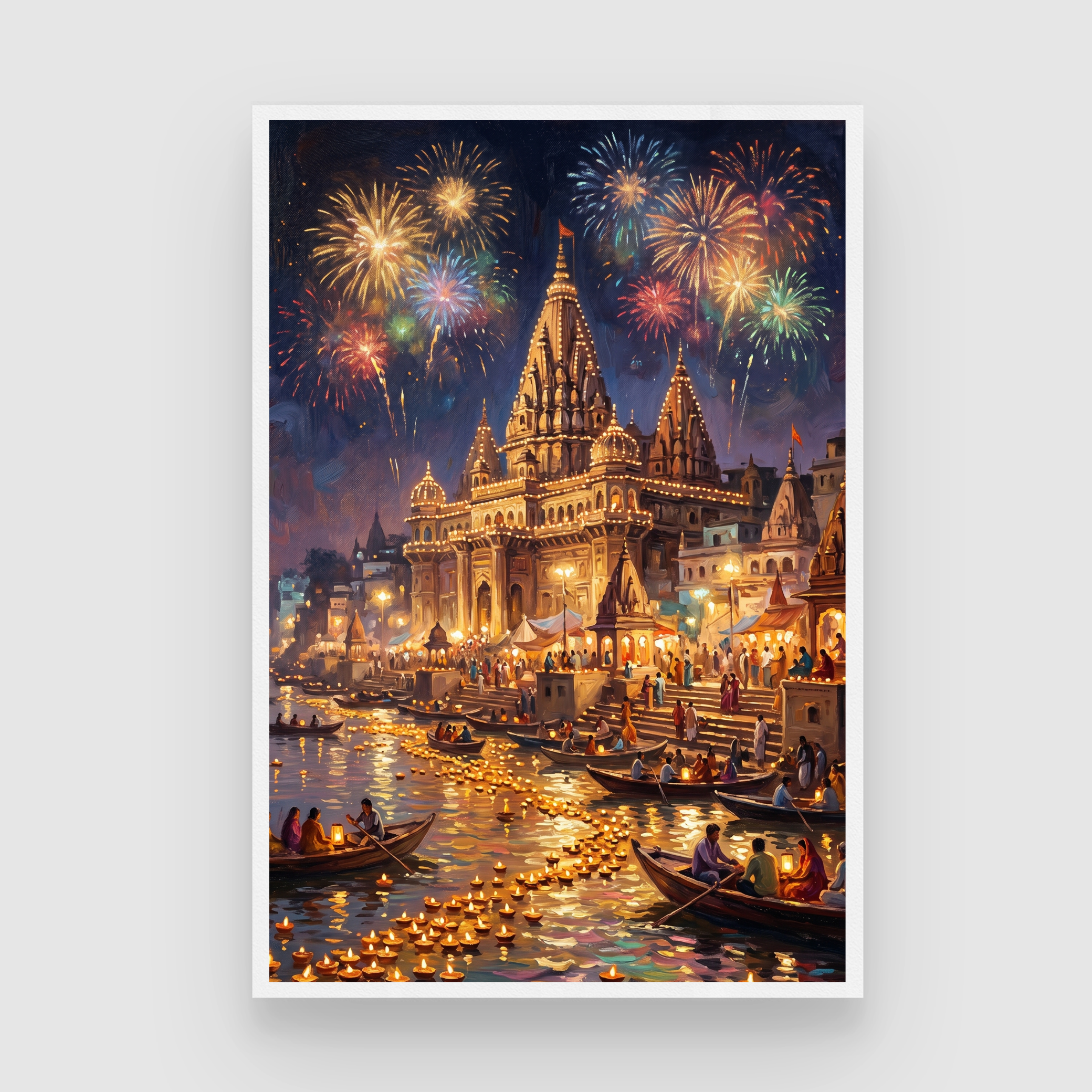 Festive Varanasi Ghats Fireworks Wall Art | Edge-to-Edge Vertical Oil Painting Print 2 : 3 Vertical Premium Wall Art Canvas by MeriDeewar