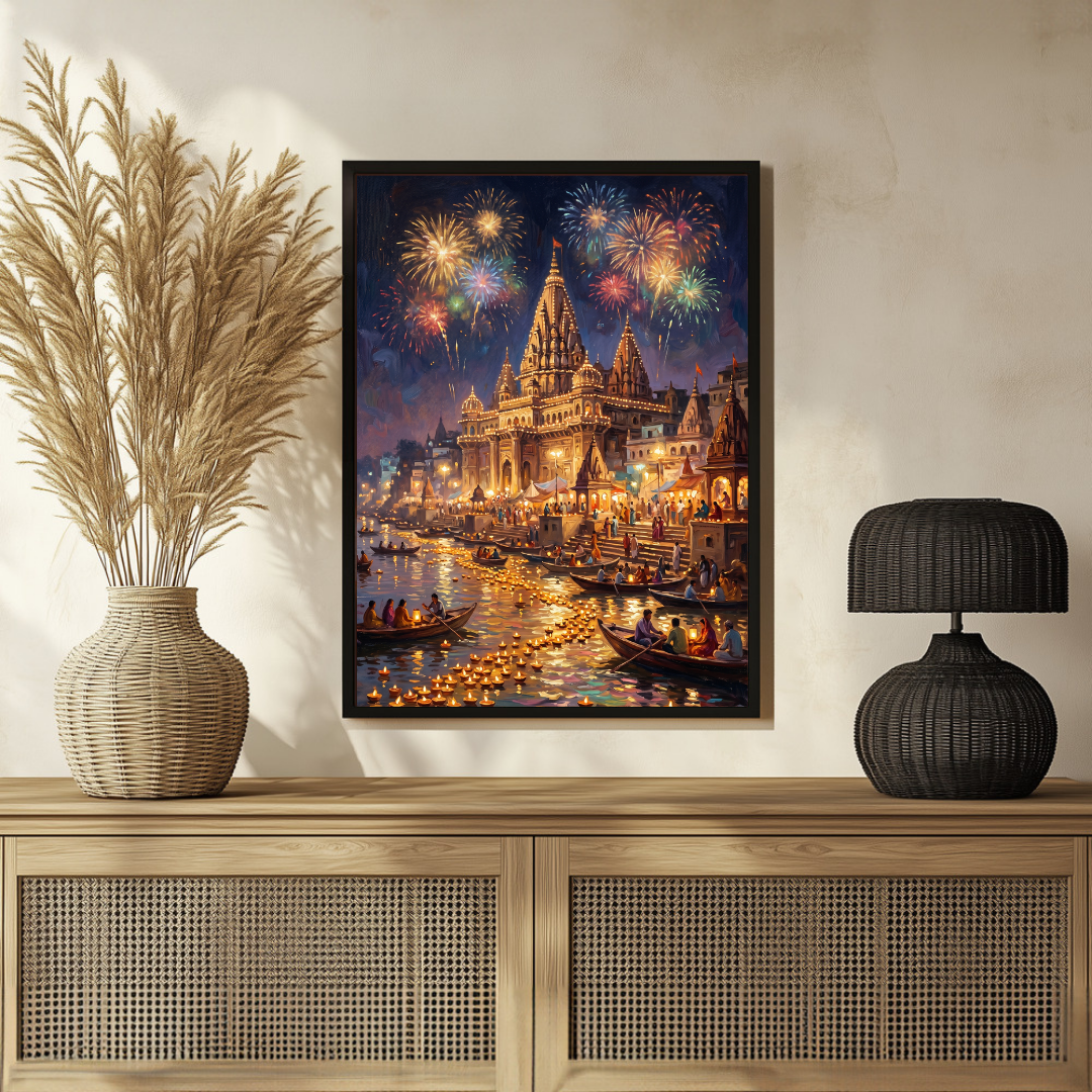 Festive Varanasi Ghats Fireworks Wall Art | Edge-to-Edge Vertical Oil Painting Print 2 : 3 Vertical Premium Wall Art Canvas by MeriDeewar