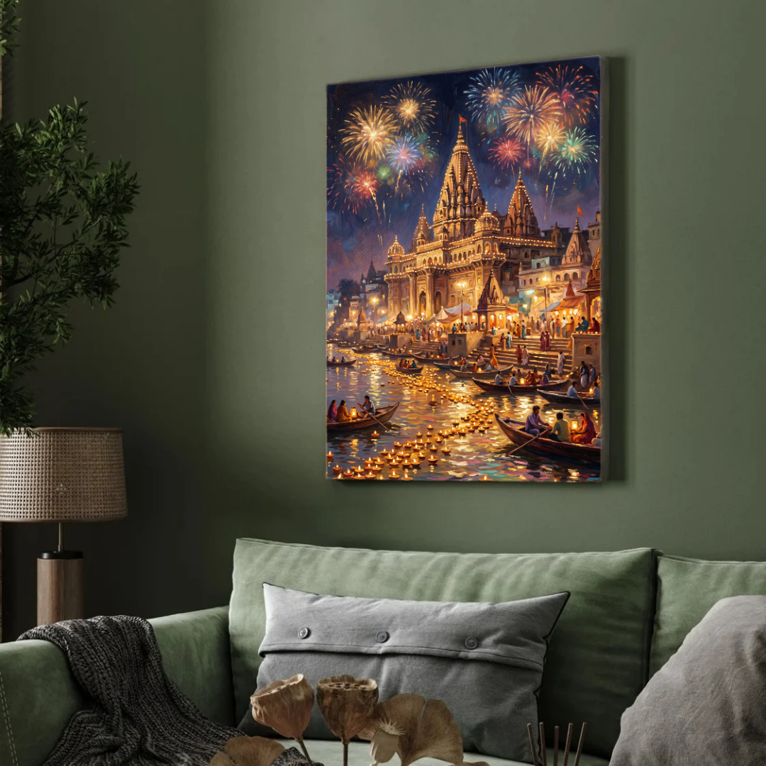 Festive Varanasi Ghats Fireworks Wall Art | Edge-to-Edge Vertical Oil Painting Print 2 : 3 Vertical Premium Wall Art Canvas by MeriDeewar