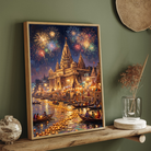 Festive Varanasi Ghats Fireworks Wall Art | Edge-to-Edge Vertical Oil Painting Print 2 : 3 Vertical Premium Wall Art Canvas by MeriDeewar