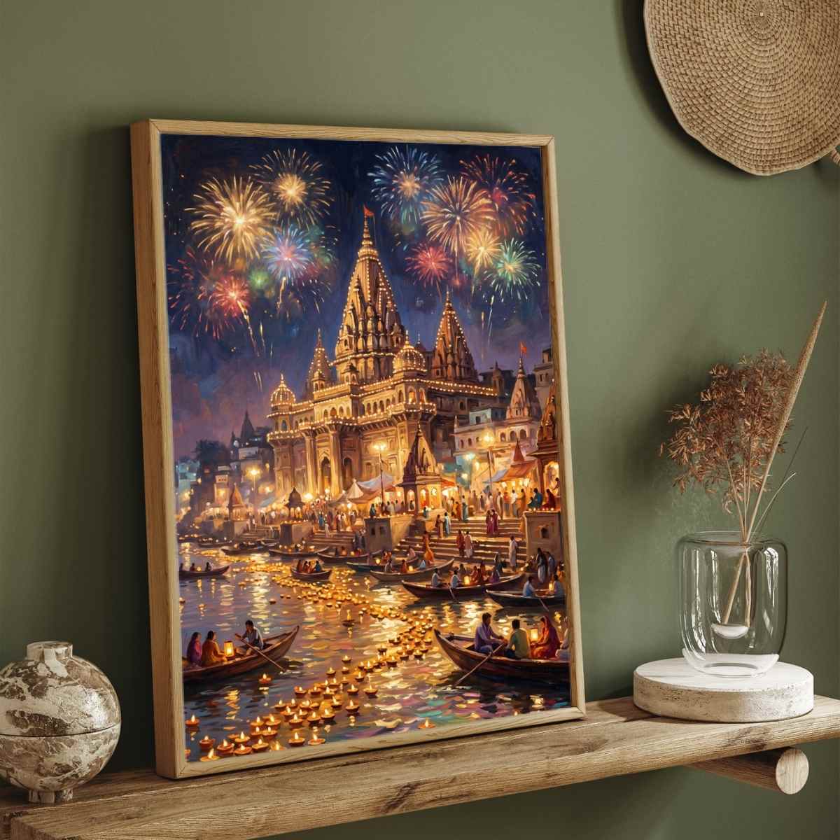 Festive Varanasi Ghats Fireworks Wall Art | Edge-to-Edge Vertical Oil Painting Print 2 : 3 Vertical Premium Wall Art Canvas by MeriDeewar