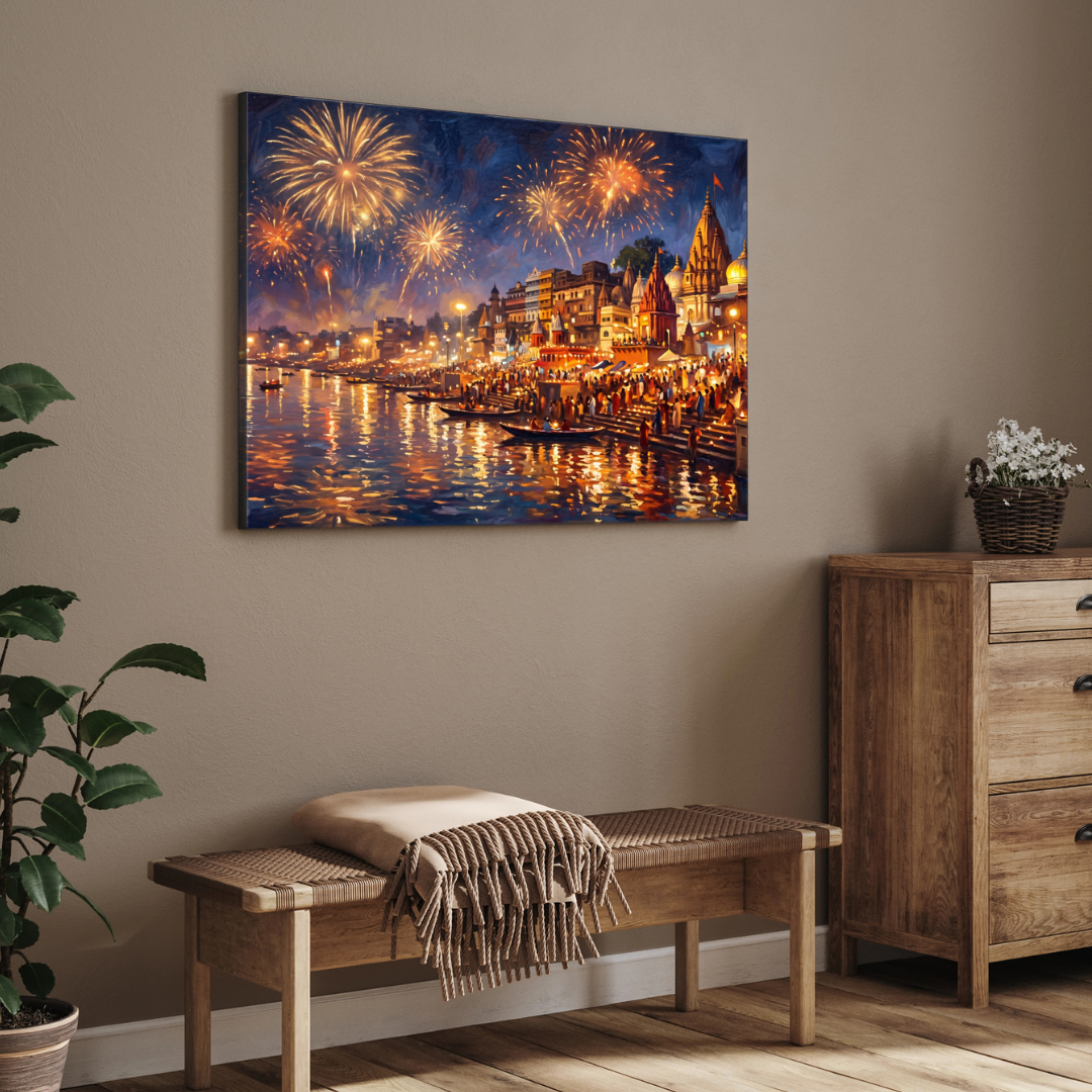 Festive Varanasi Ghats Fireworks Wall Art | Panoramic Oil Painting Framed Print 2 : 3 Horizontal Premium Wall Art Canvas by MeriDeewar