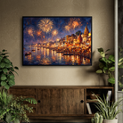 Festive Varanasi Ghats Fireworks Wall Art | Panoramic Oil Painting Framed Print 2 : 3 Horizontal Premium Wall Art Canvas by MeriDeewar