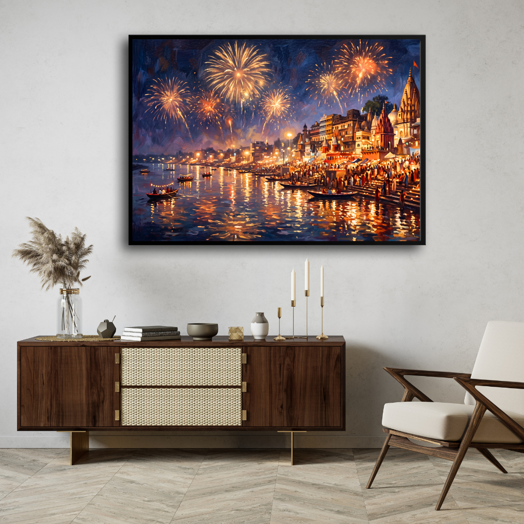 Festive Varanasi Ghats Fireworks Wall Art | Panoramic Oil Painting Framed Print 2 : 3 Horizontal Premium Wall Art Canvas by MeriDeewar