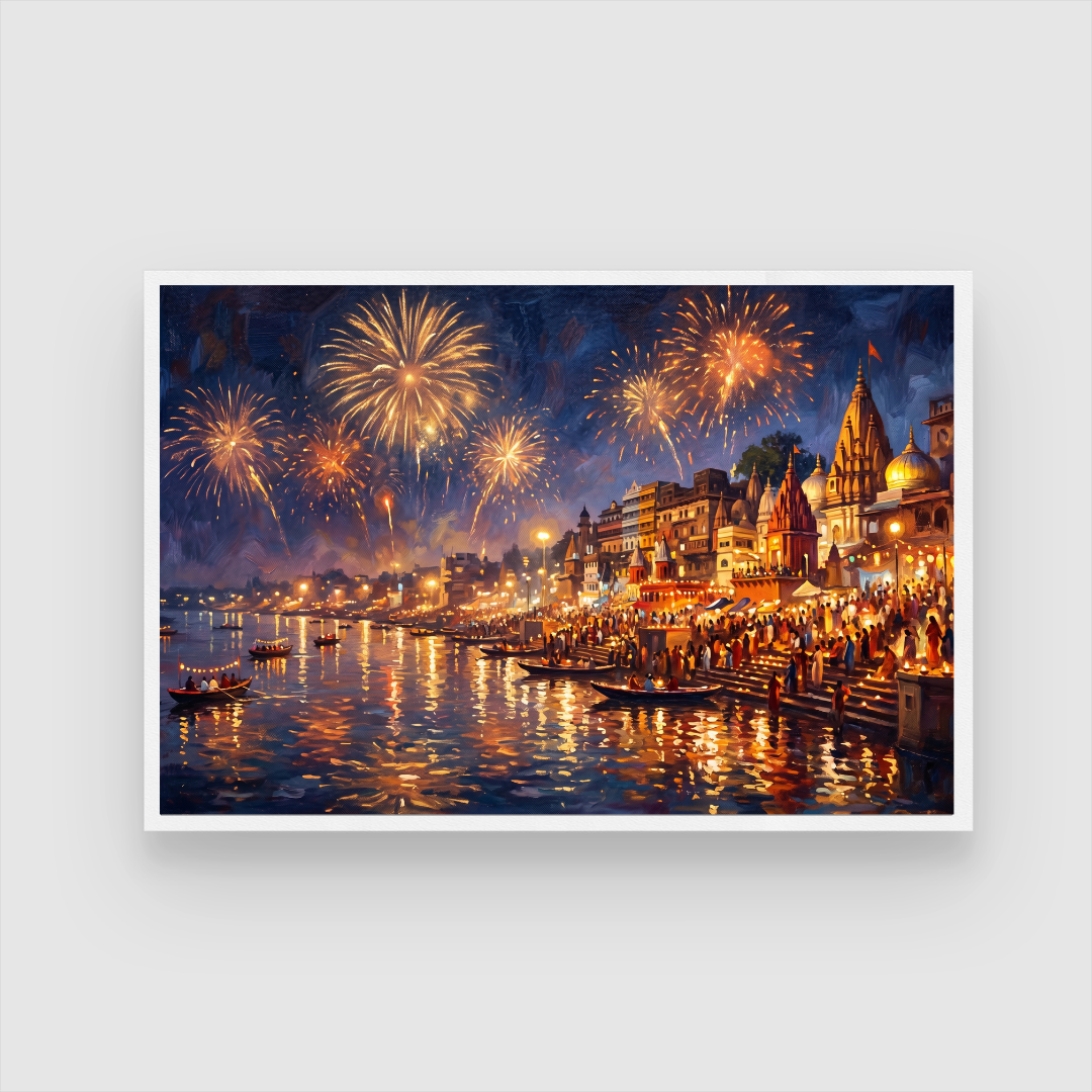 Festive Varanasi Ghats Fireworks Wall Art | Panoramic Oil Painting Framed Print 2 : 3 Horizontal Premium Wall Art Canvas by MeriDeewar