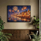 Festive Varanasi Ghats Fireworks Wall Art | Panoramic Oil Painting Framed Print 2 : 3 Horizontal Premium Wall Art Canvas by MeriDeewar