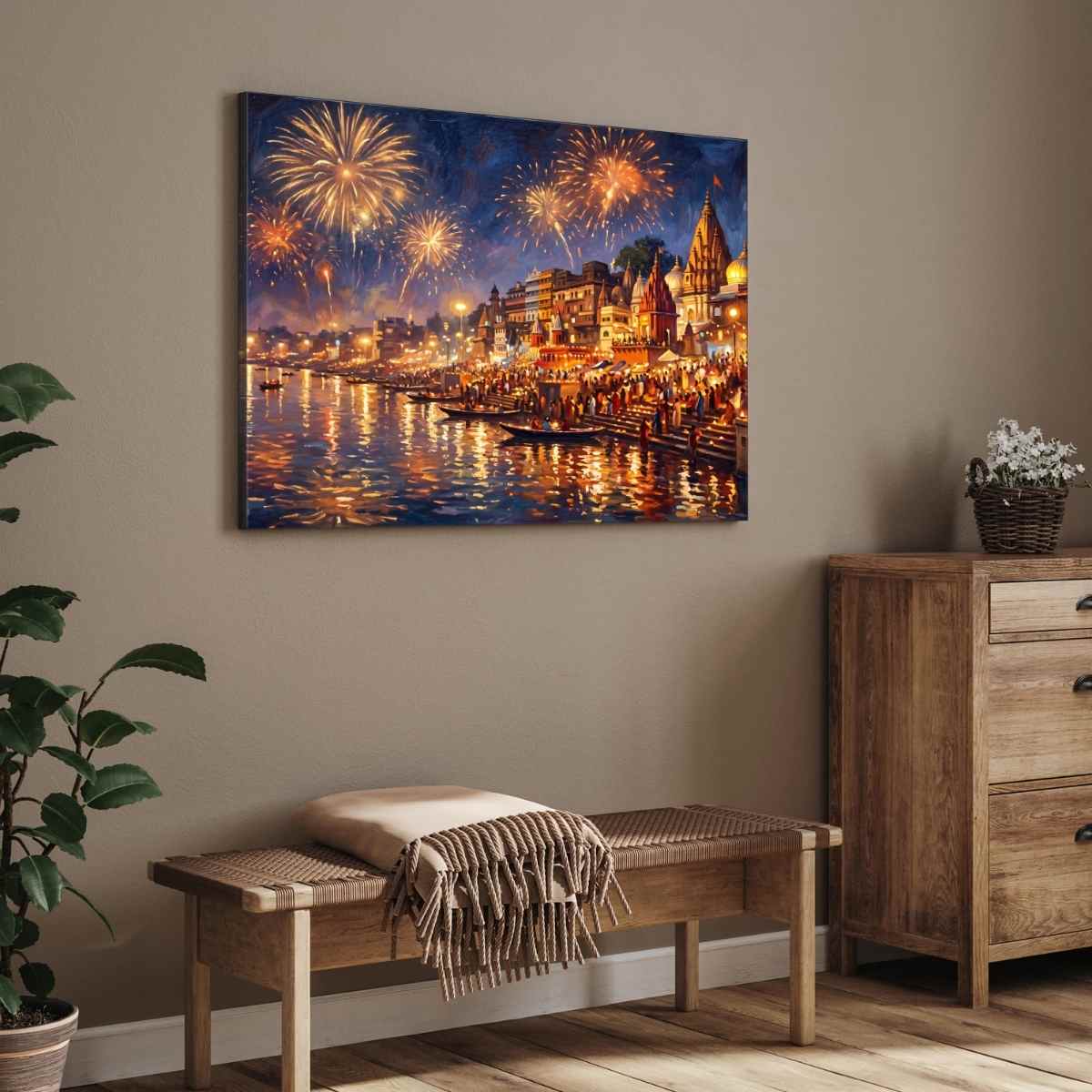 Festive Varanasi Ghats Fireworks Wall Art | Panoramic Oil Painting Framed Print 2 : 3 Horizontal Premium Wall Art Canvas by MeriDeewar