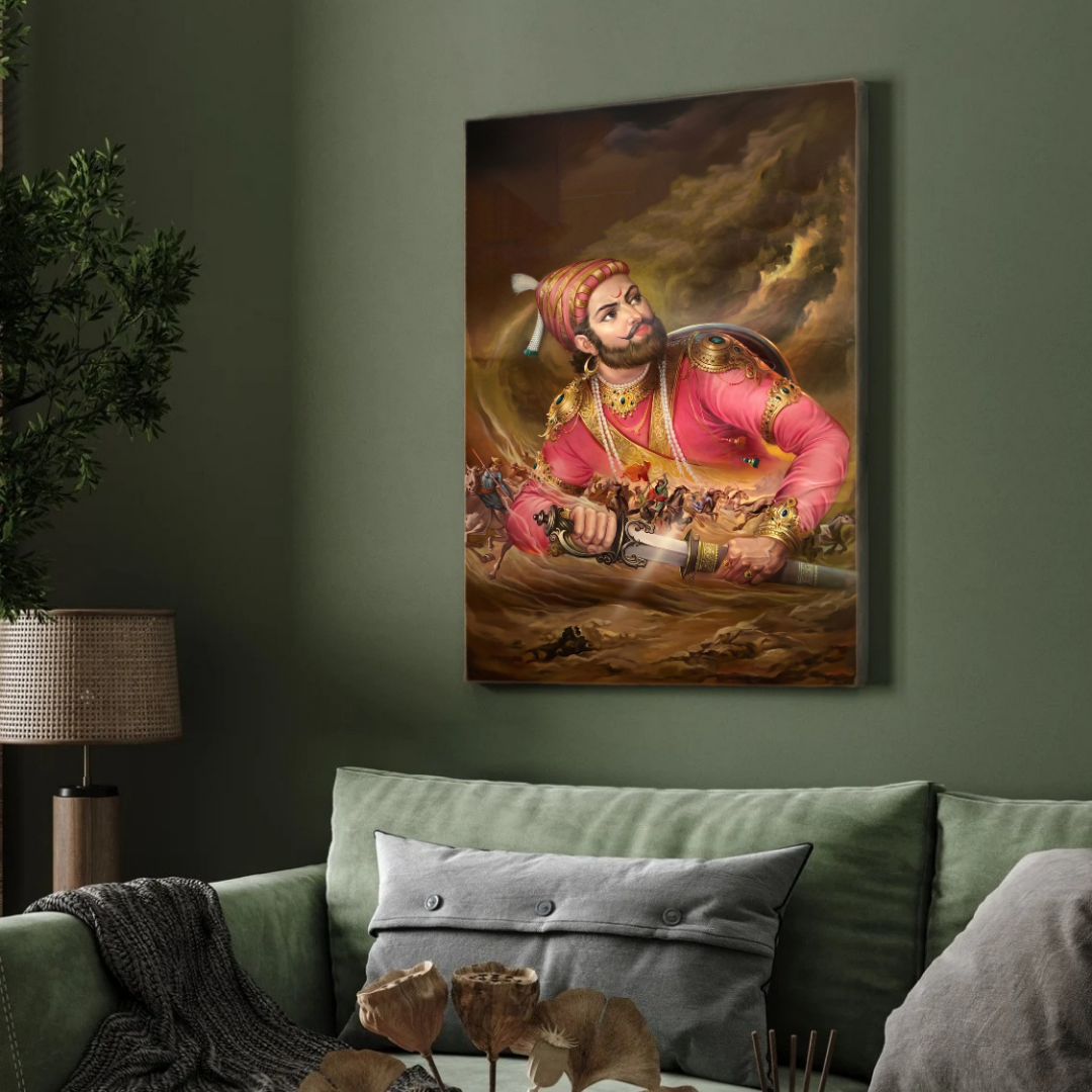 Fierce Chhatrapati Shivaji Maharaj Warrior Portrait | Edge-to-Edge Oil Painting Print 2 : 3 Vertical Premium Wall Art Canvas by MeriDeewar