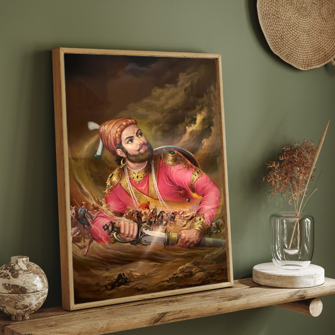 Fierce Chhatrapati Shivaji Maharaj Warrior Portrait | Edge-to-Edge Oil Painting Print 2 : 3 Vertical Premium Wall Art Canvas by MeriDeewar