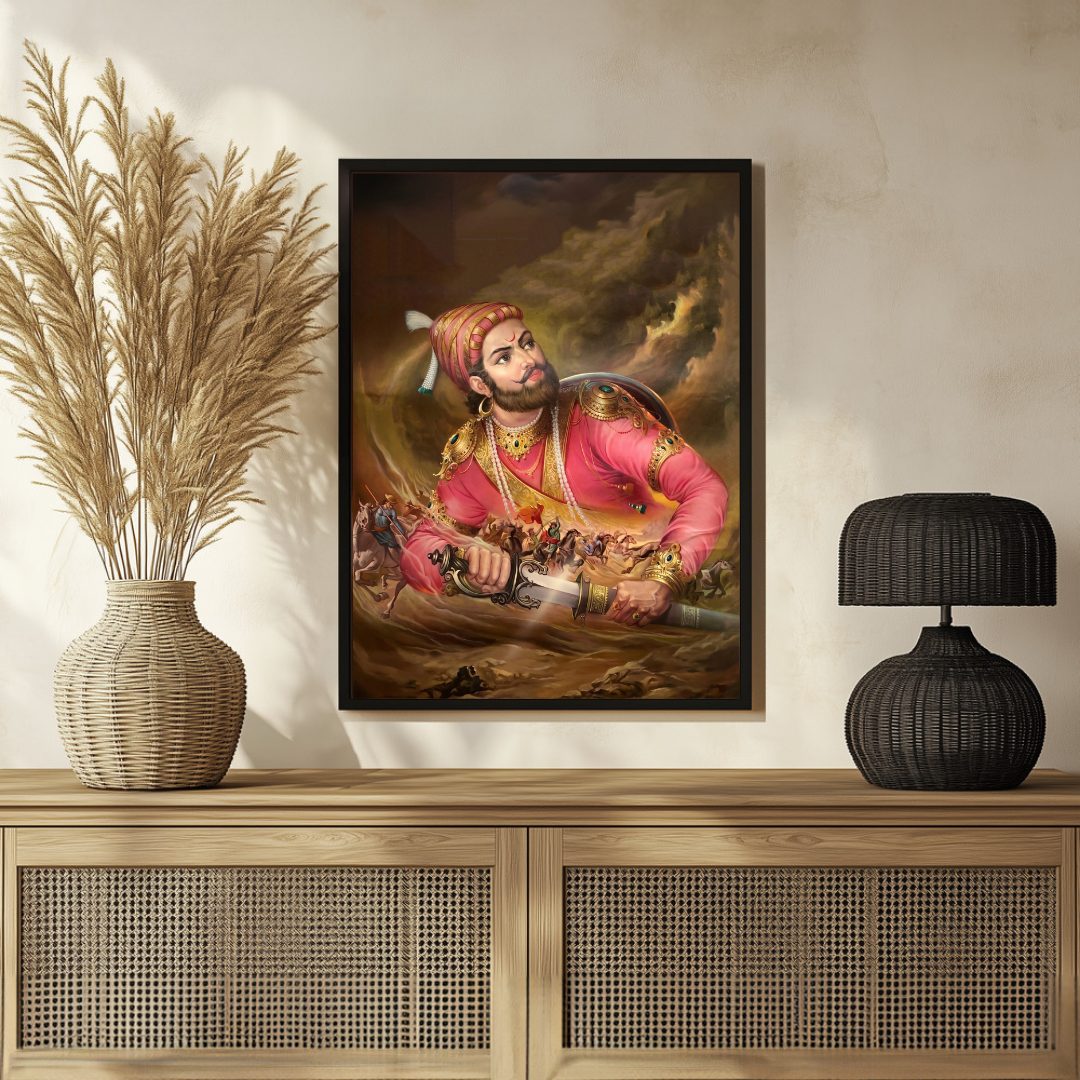 Fierce Chhatrapati Shivaji Maharaj Warrior Portrait | Edge-to-Edge Oil Painting Print 2 : 3 Vertical Premium Wall Art Canvas by MeriDeewar