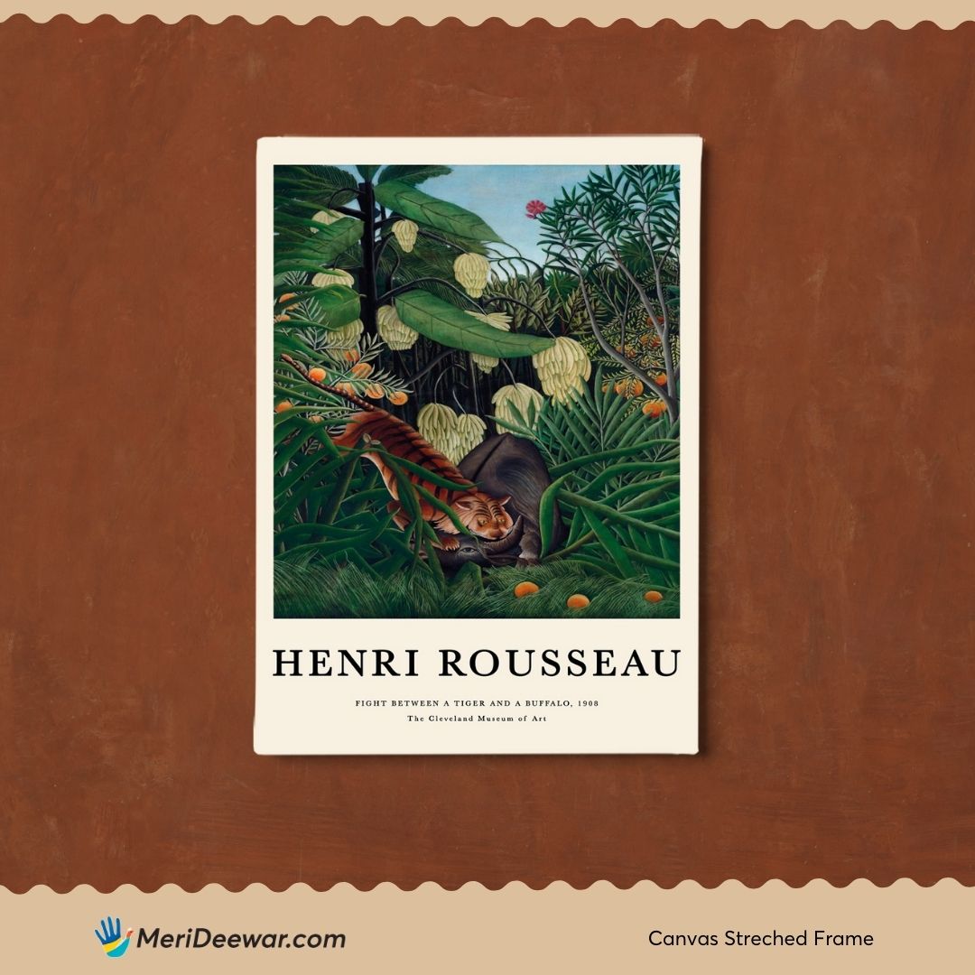 Fight Between a Tiger and a Buffalo by Henri Rousseau 3 : 4 Vertical New Premium Wall Art Canvas by MeriDeewar