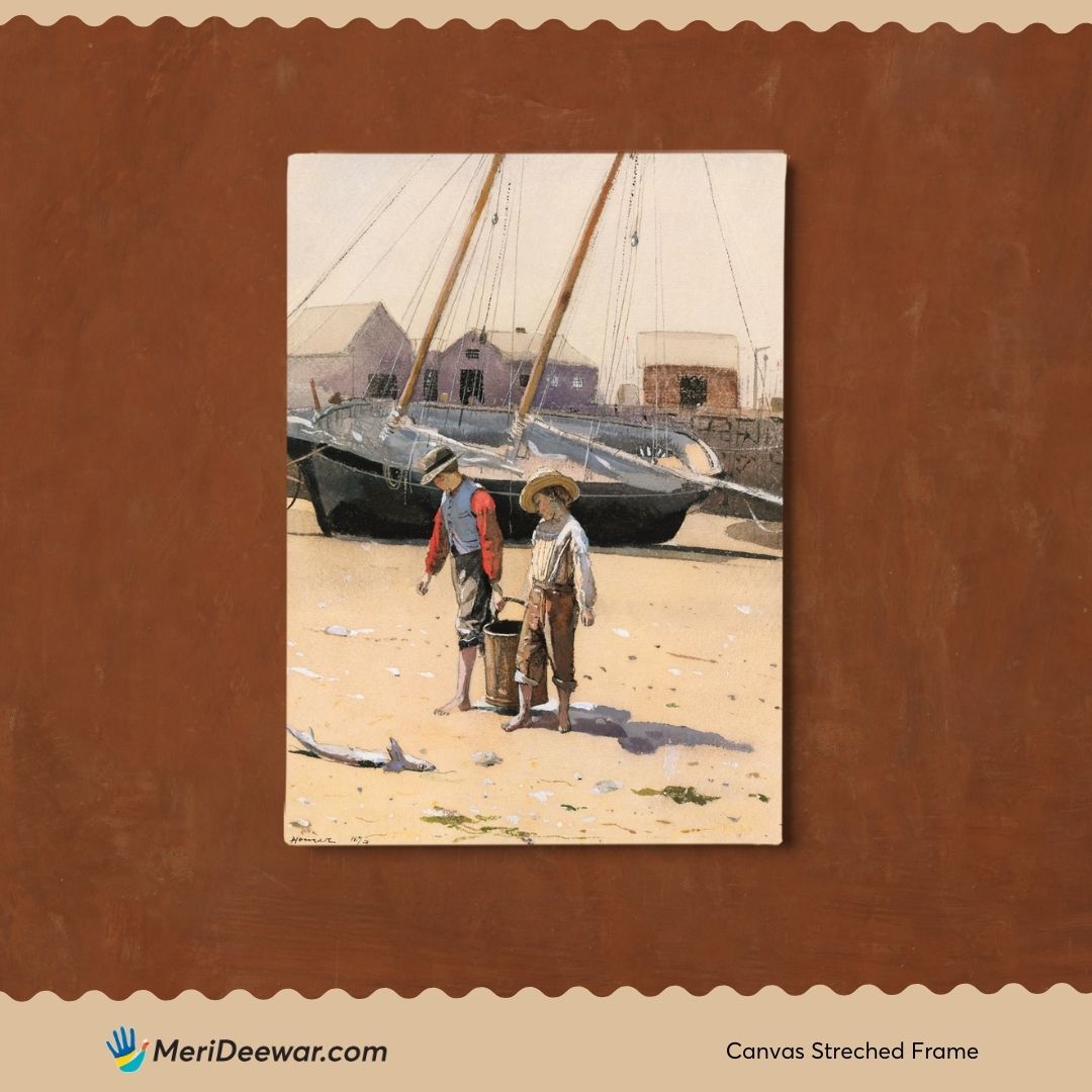 Fisherman Kids on the Beach /A Basket of Clams by Winslow Homer 3 : 4 Vertical New Premium Wall Art Canvas by MeriDeewar