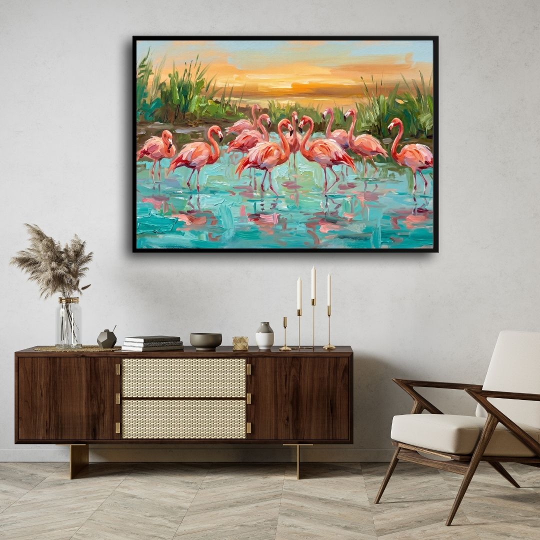 "Flamingos at Sunset" Giclée Print | Indian Wall Art Print 3 : 2 Horizontal Premium Wall Art Canvas by MeriDeewar