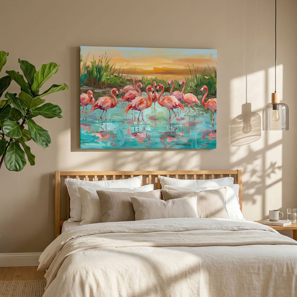 "Flamingos at Sunset" Giclée Print | Indian Wall Art Print 3 : 2 Horizontal Premium Wall Art Canvas by MeriDeewar