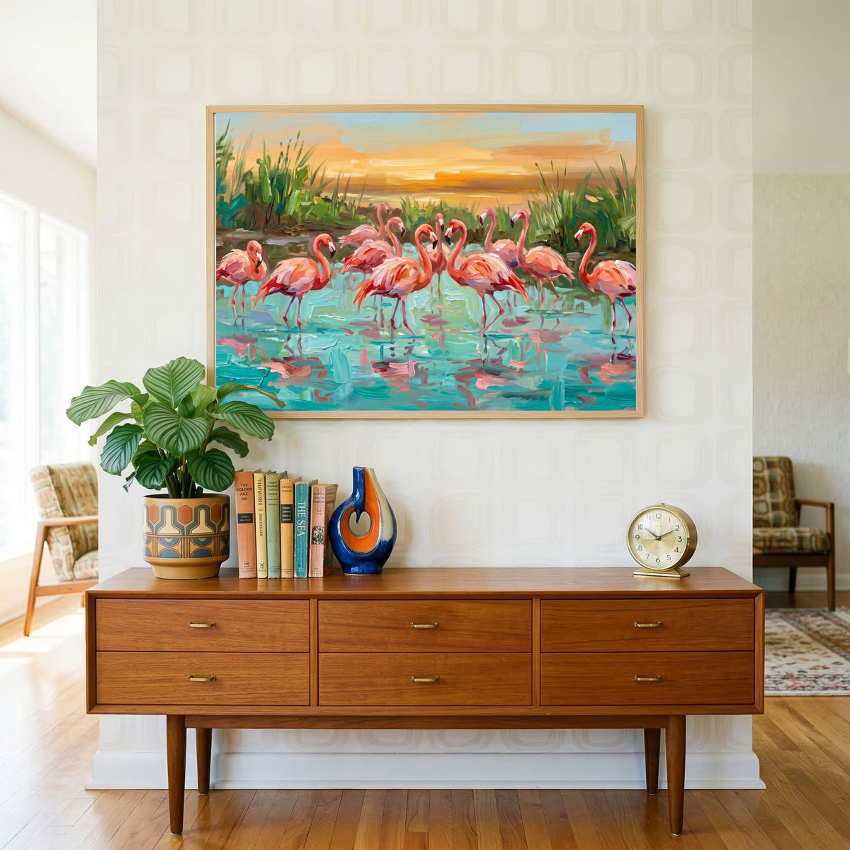 "Flamingos at Sunset" Giclée Print | Indian Wall Art Print 3 : 2 Horizontal Premium Wall Art Canvas by MeriDeewar