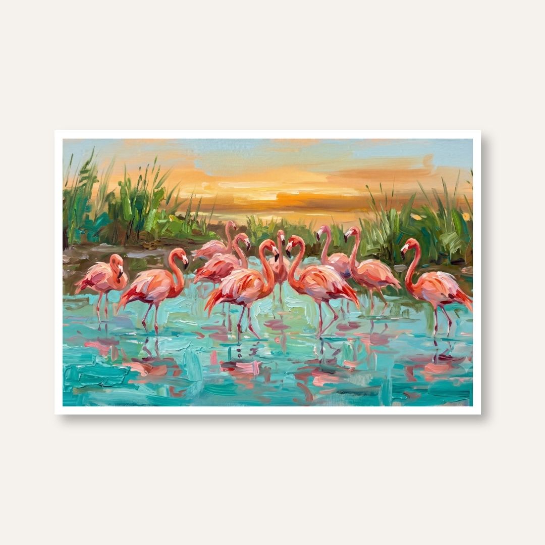 "Flamingos at Sunset" Giclée Print | Indian Wall Art Print 3 : 2 Horizontal Premium Wall Art Canvas by MeriDeewar