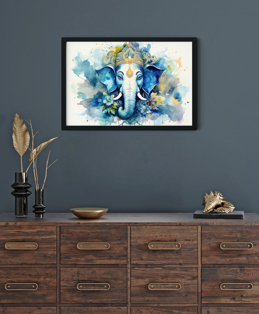 Floral Art Lord Blue Ganesha Painting Premium Wall Art Canvas by MeriDeewar