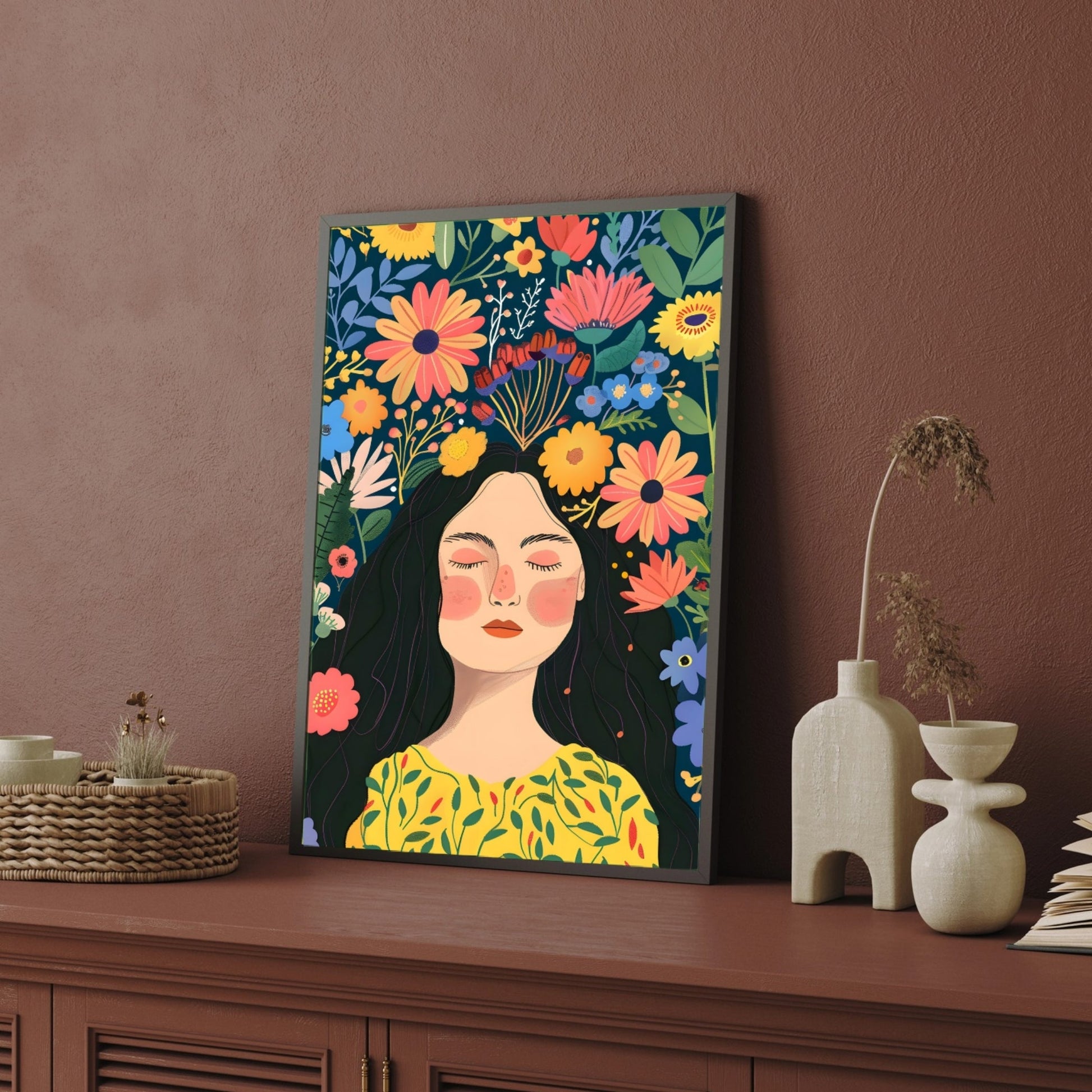 Floral Dreamscape – Colorful Woman Portrait Wall Art Print 2 : 3 Vertical Premium Wall Art Canvas by MeriDeewar