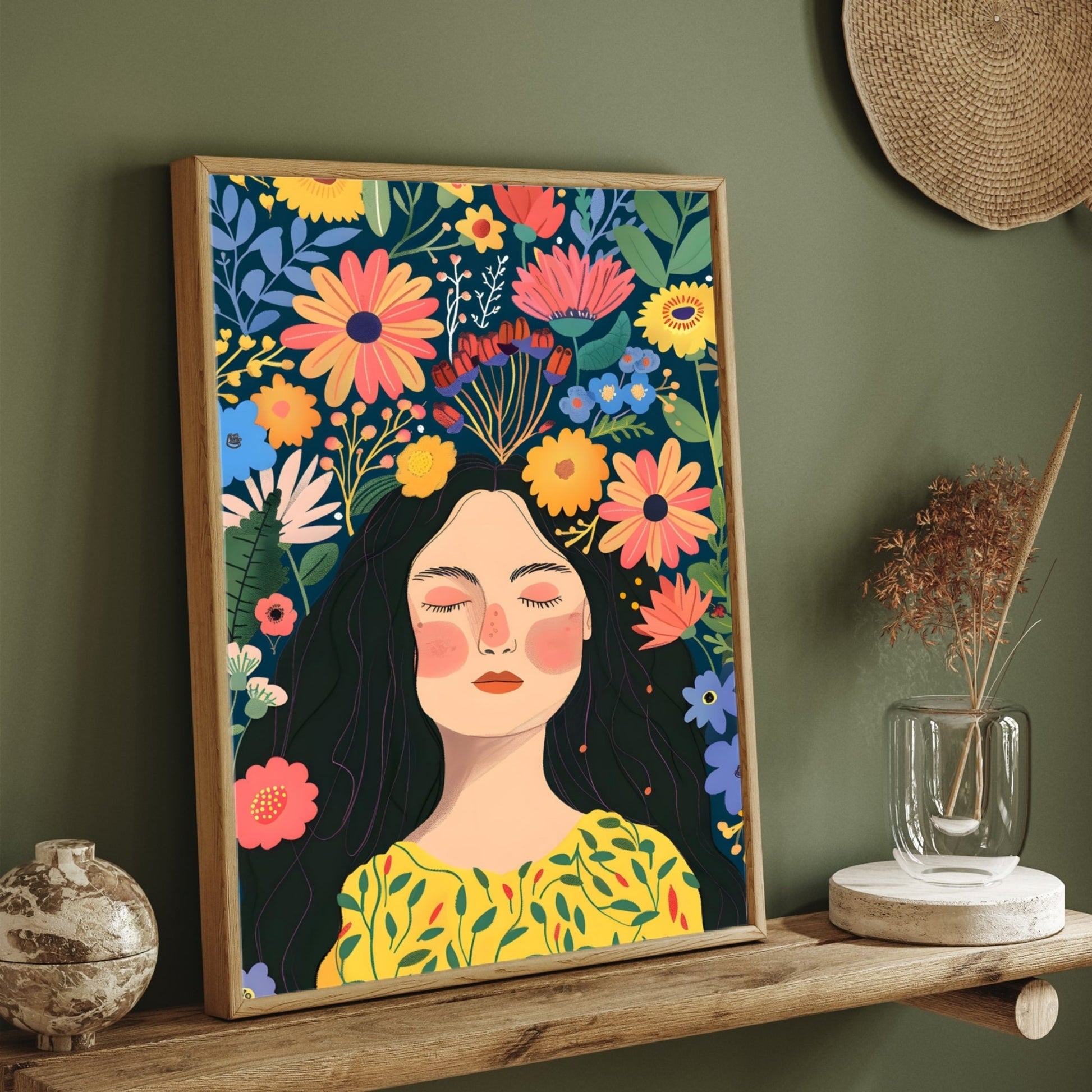 Floral Dreamscape – Colorful Woman Portrait Wall Art Print 2 : 3 Vertical Premium Wall Art Canvas by MeriDeewar