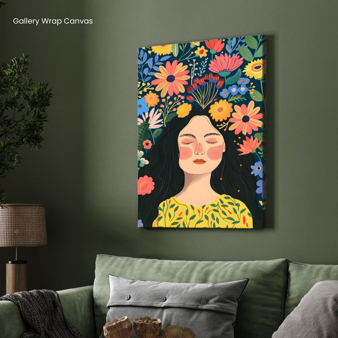 Floral Dreamscape – Colorful Woman Portrait Wall Art Print 2 : 3 Vertical Premium Wall Art Canvas by MeriDeewar